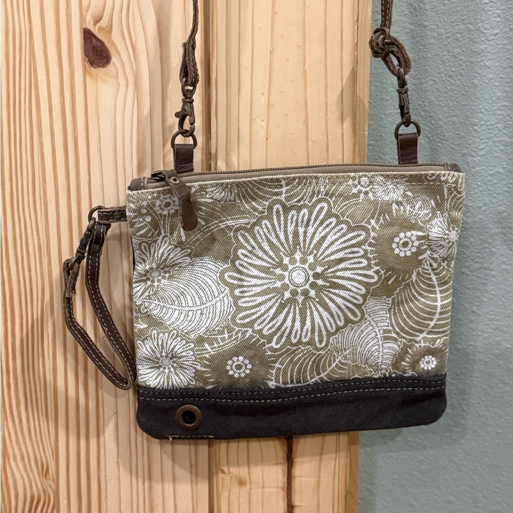 Myra Olive Floral Canvas Crossbody Purse and Wristlet